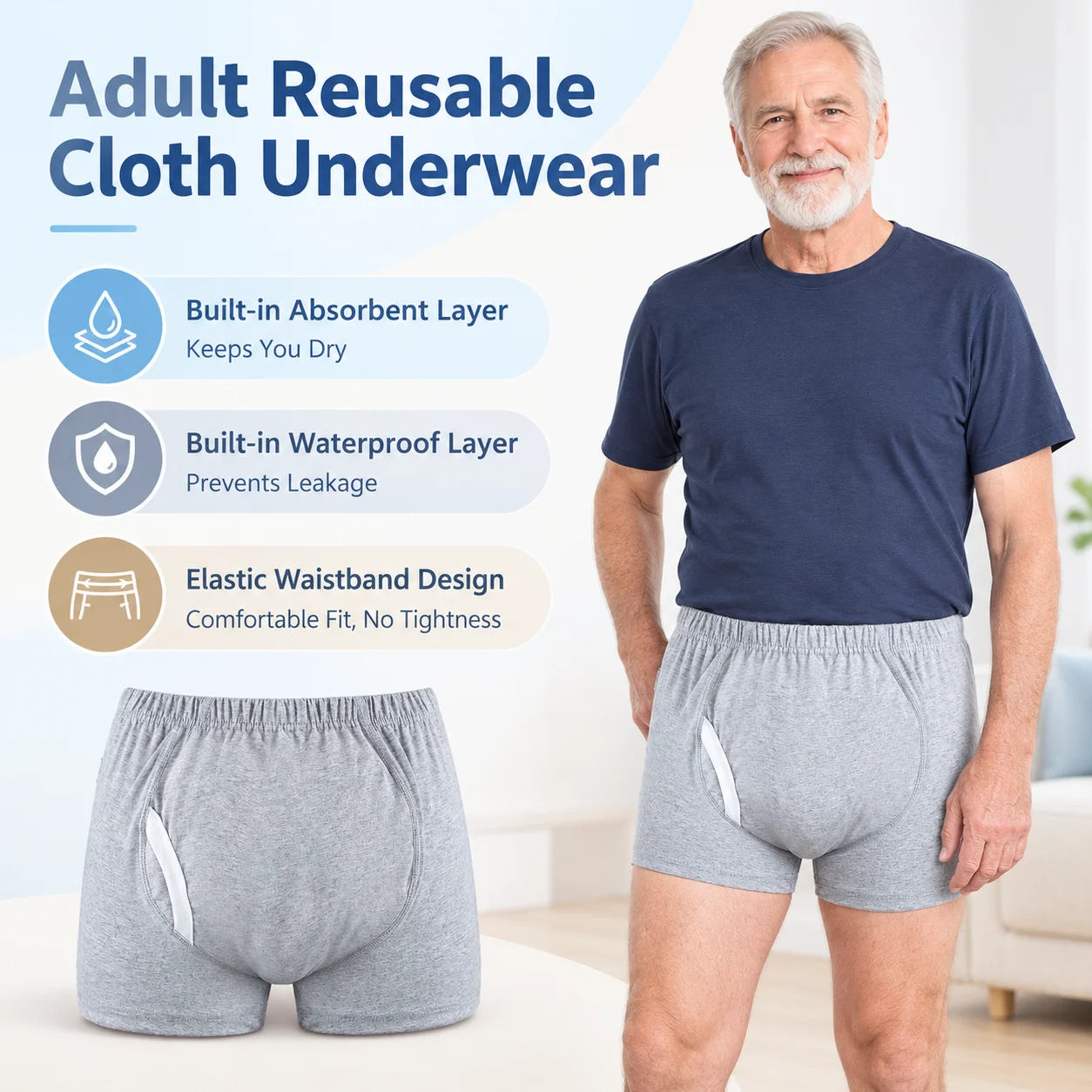 2Pcs Reusable Washable Adult Incontinence Underwear Solid Color Breathable Absorbent Boxer Briefs for Elderly Bedridden Patients