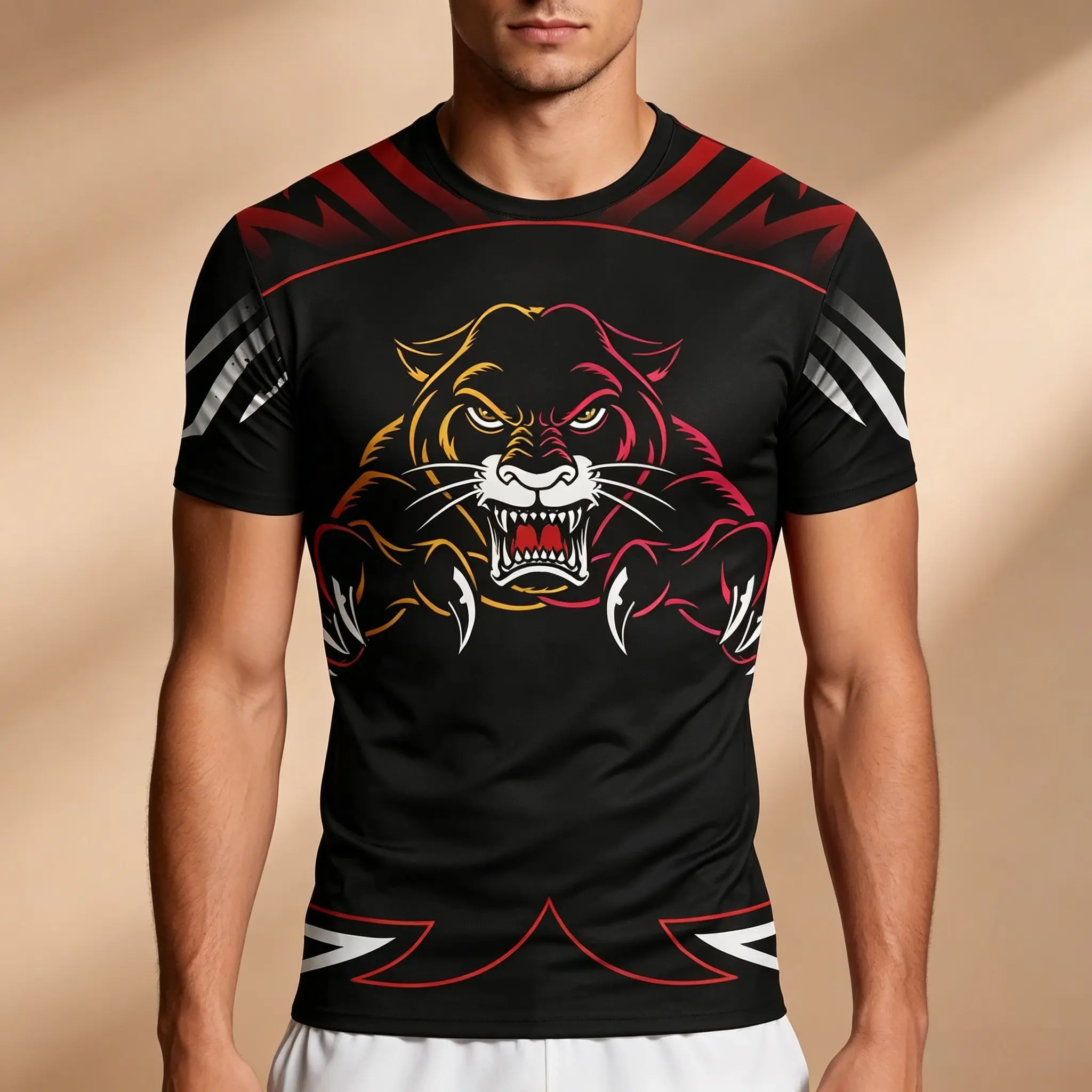 Herren-Kompressionsshirt, Grafik „Ferocious Panther“ mit vollständigem Sublimationsdruck, schnell trocknendes, kurzärmliges Sport-Top für das Fitnesstraining