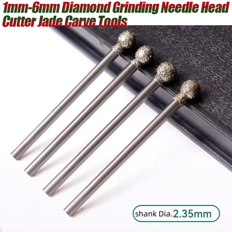 1mm-6mm Diamond Grinding Needle Head Cutter Jade Carve Tools Engrave Rotary Spherical Burr Tool 3mm Shank Round Ball