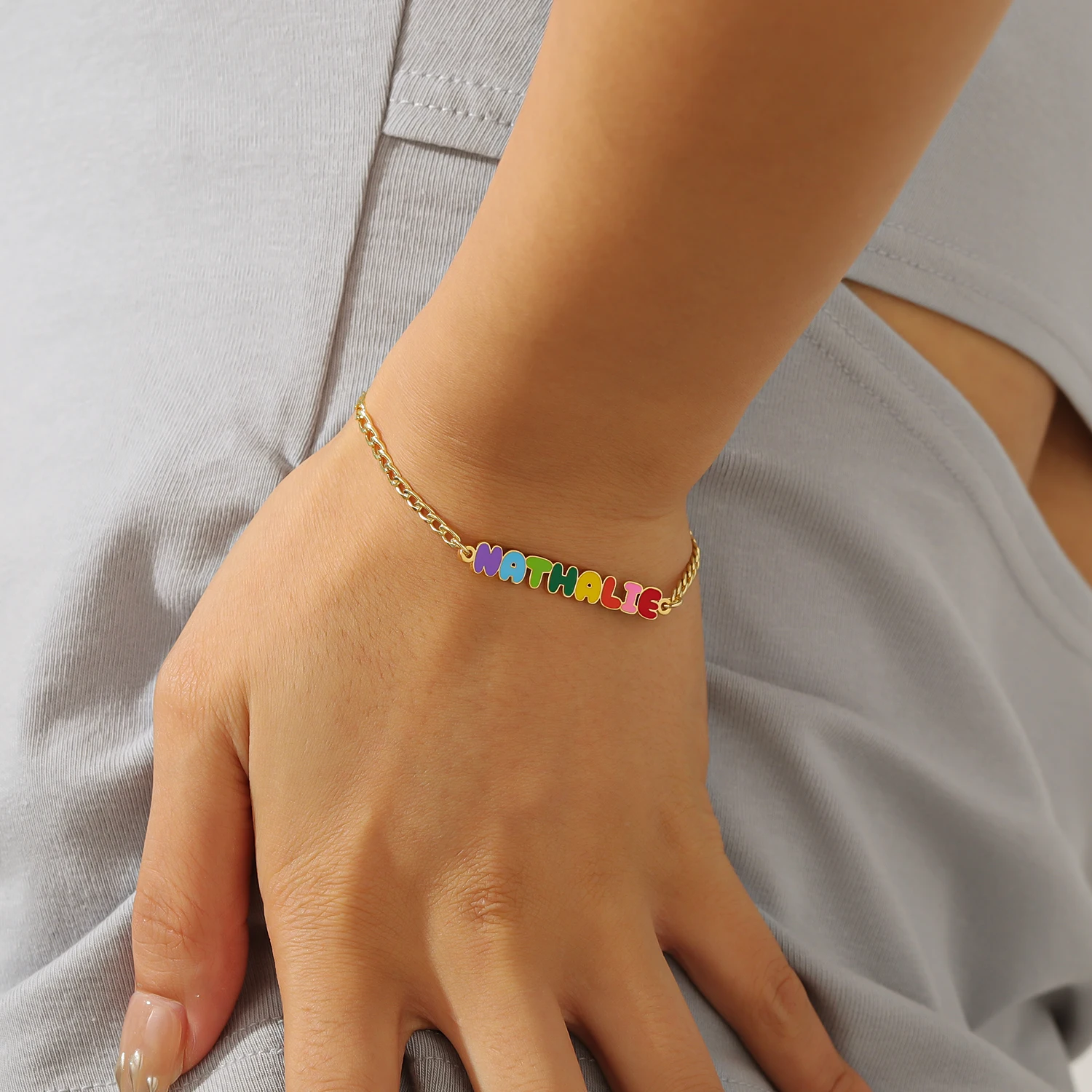 Personalized Rainbow Enamel Name Bracelets Kids Cuban Chain Bracelets Stainless Steel Name Bracelet Birthday Gifts for Daughter