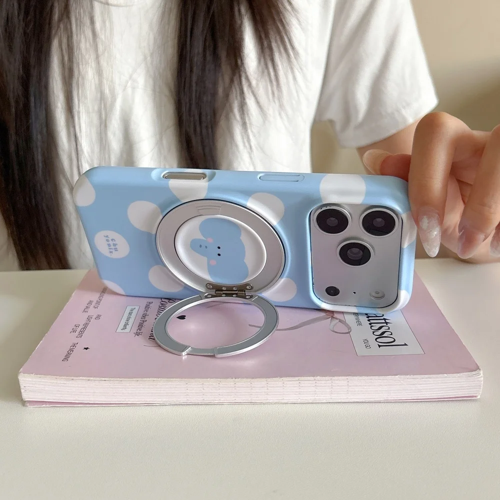 Kawaii Polka Dot Cute Elephant Print Phone Case With Magnetic Stand For iPhone 17 Pro 15 16 17 Pro Max 15 Pro Cute Anti-fall Set
