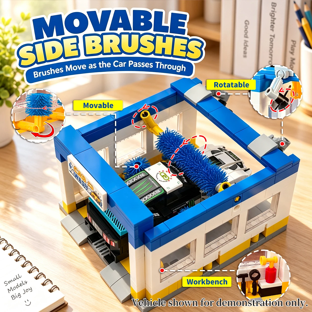 Car Wash Station Building Blocks Set, Drive-Through Garage, Movable Brushes, Dual Fan Design, City Vehicle Service Display Model