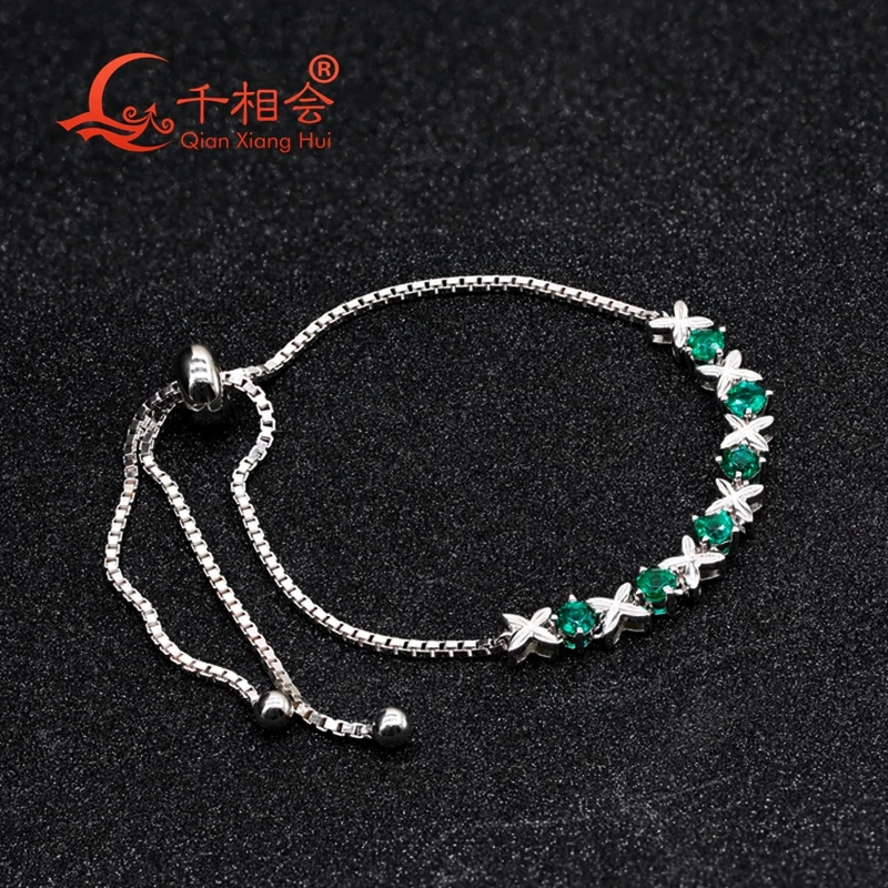 925 Silver   adjustable Bracelet  Green emerald four-leaf clover  flower melee white moissanite stone  Women jewelry gift.