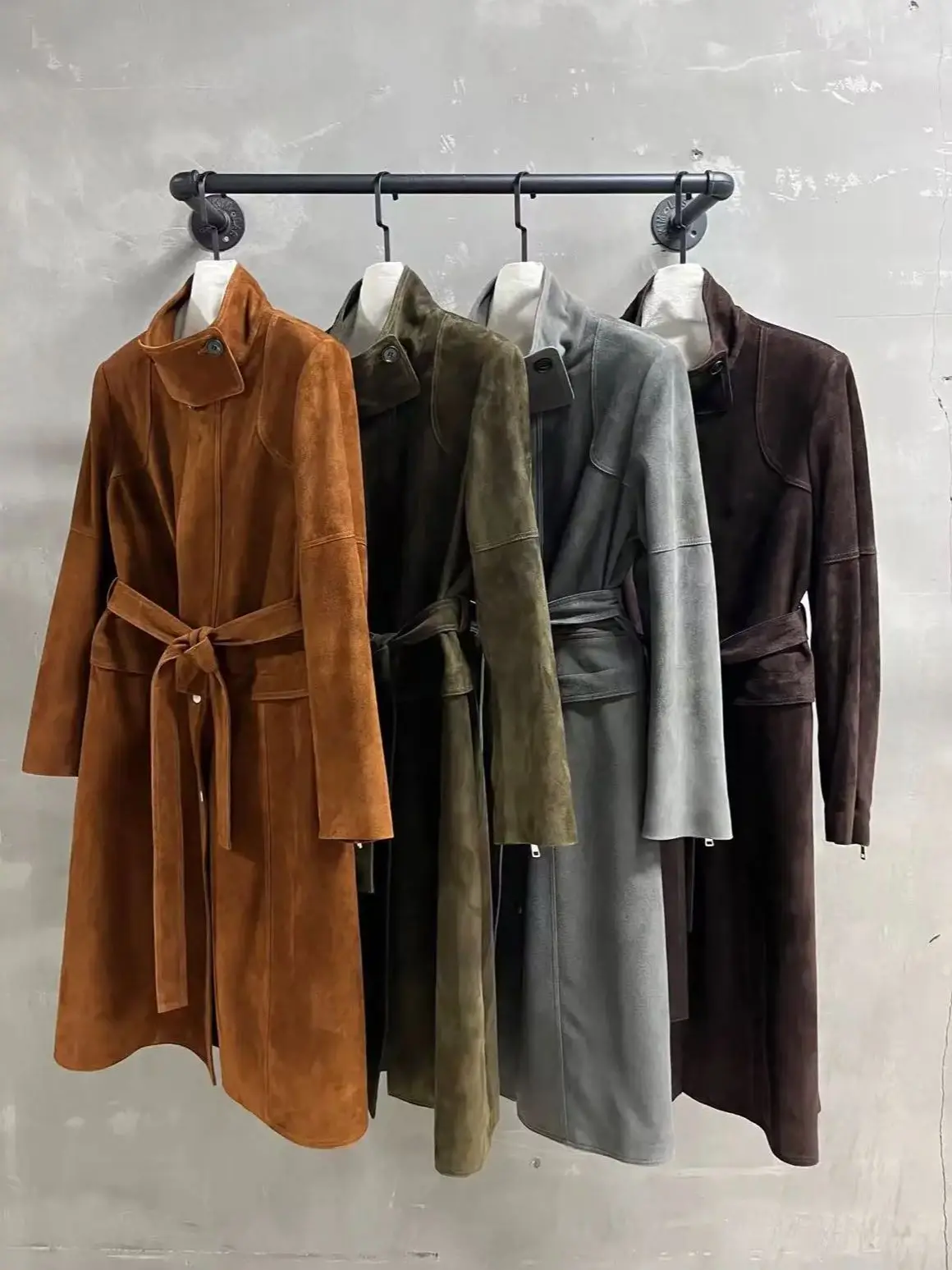 เสื้อโค้ทยาวหนังกลับทรงหลวมคุณภาพสูงแบบคลาสสิก