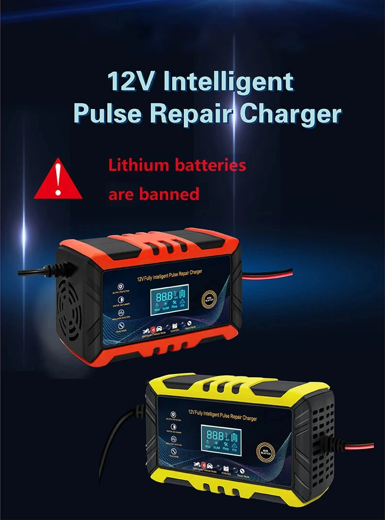 Chargeur de batterie de voiture et de moto, dispositif de charge de batterie, écran LCD, batterie au plomb, réparation intelligente, 12V