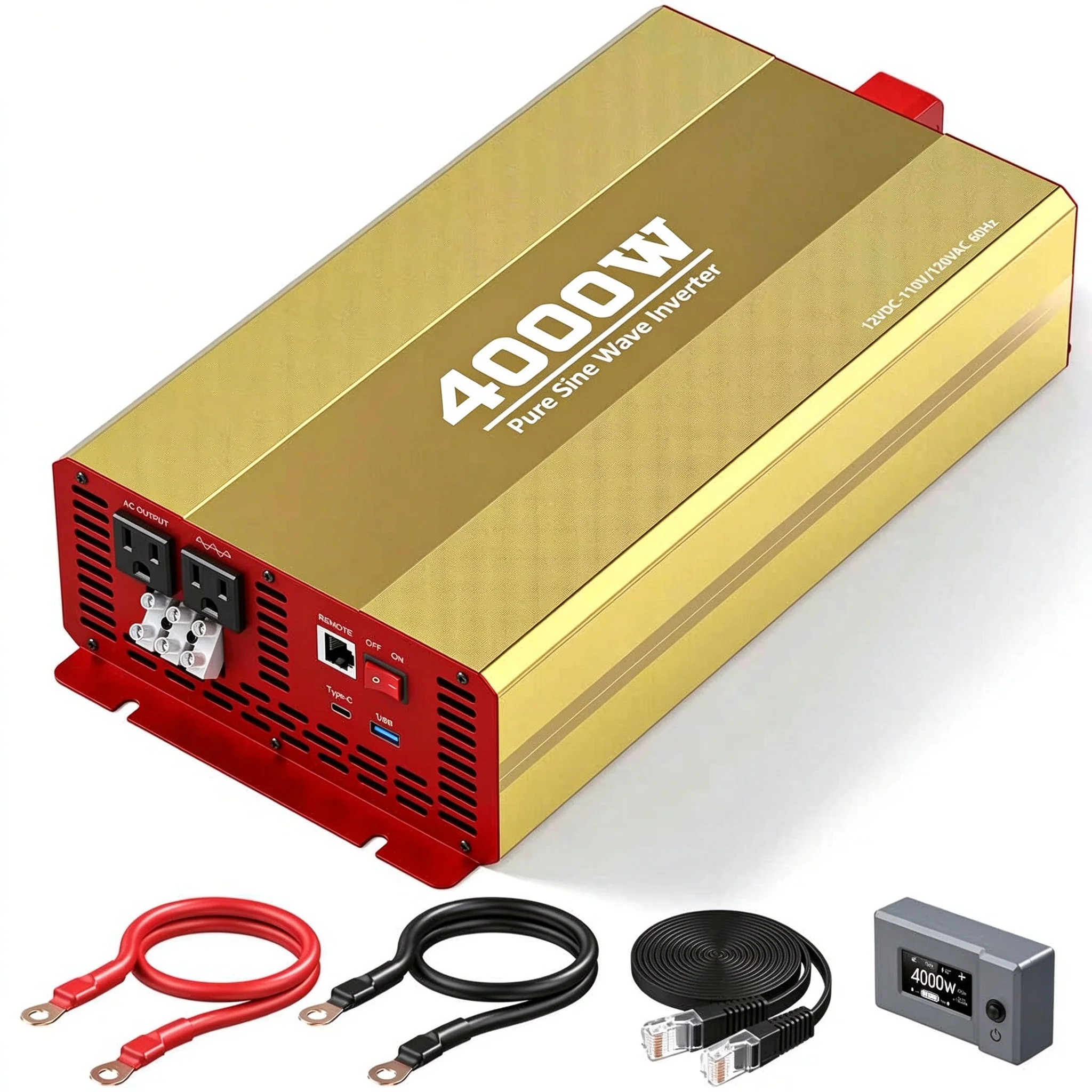 4000W Continuous Pure Sine Wave Inverter, Peak 8000W DC12V/24V/48V/72V to AC110-230V 50/60Hz LCD Remote Display for RV Home