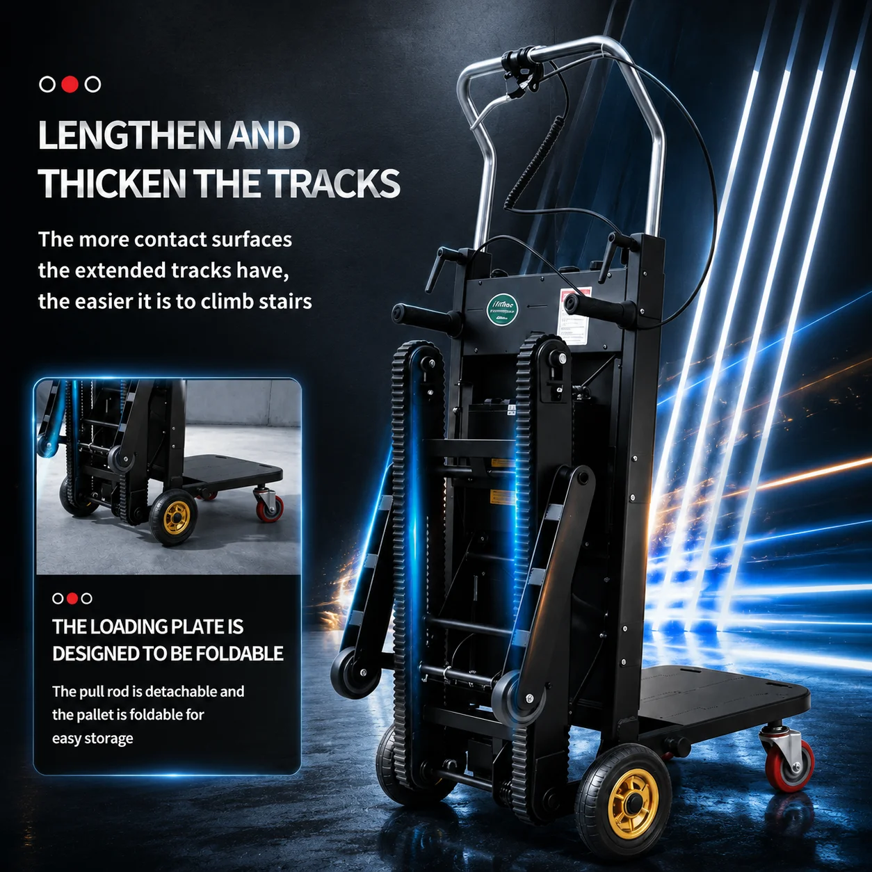 Chariot électrique industriel pour la montée d'escaliers, doté de roues auxiliaires stables, d'une capacité de charge de 400 kg, d'une longue autonomie de batterie et adapté au transport d'escaliers en intérieur et en extérieur.