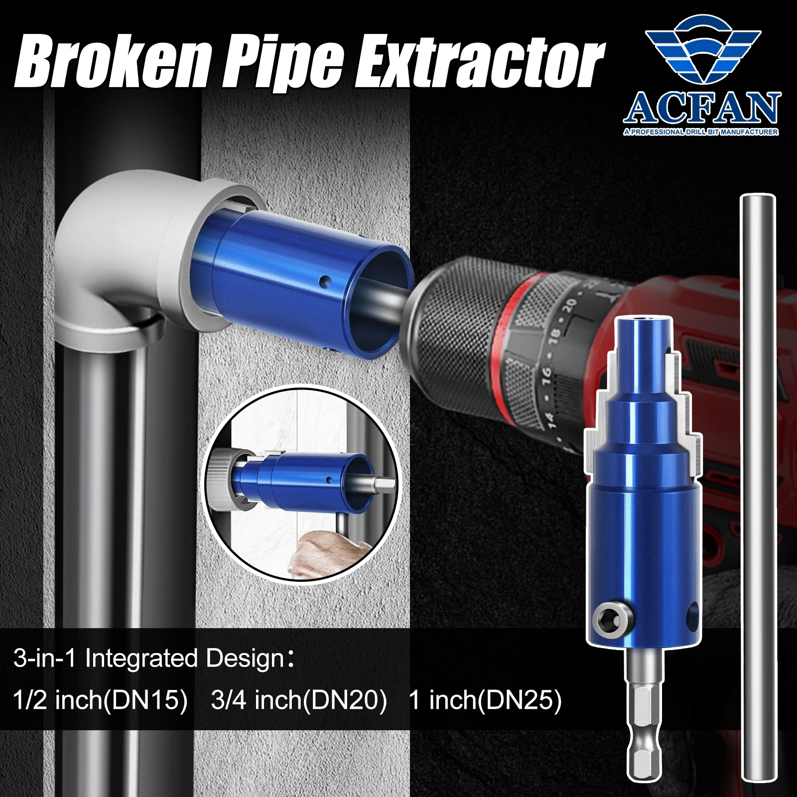 Broken Pipe Extractor Tool for 1/2 3/4 1 Inch DN15/20/25 Angle Valves Removes Rusted Damaged Faucet Bolts Drill or Manual Use