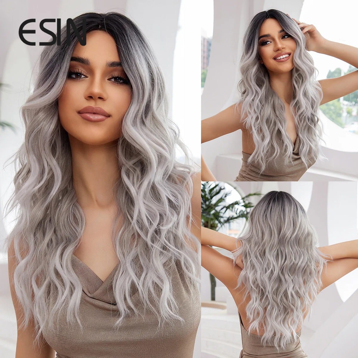 ESIN Synthetic Hair Long Water Wave Ombre Dark Root to Grey Color Middle Part Wigs for Women Natural Party Heat Resistant