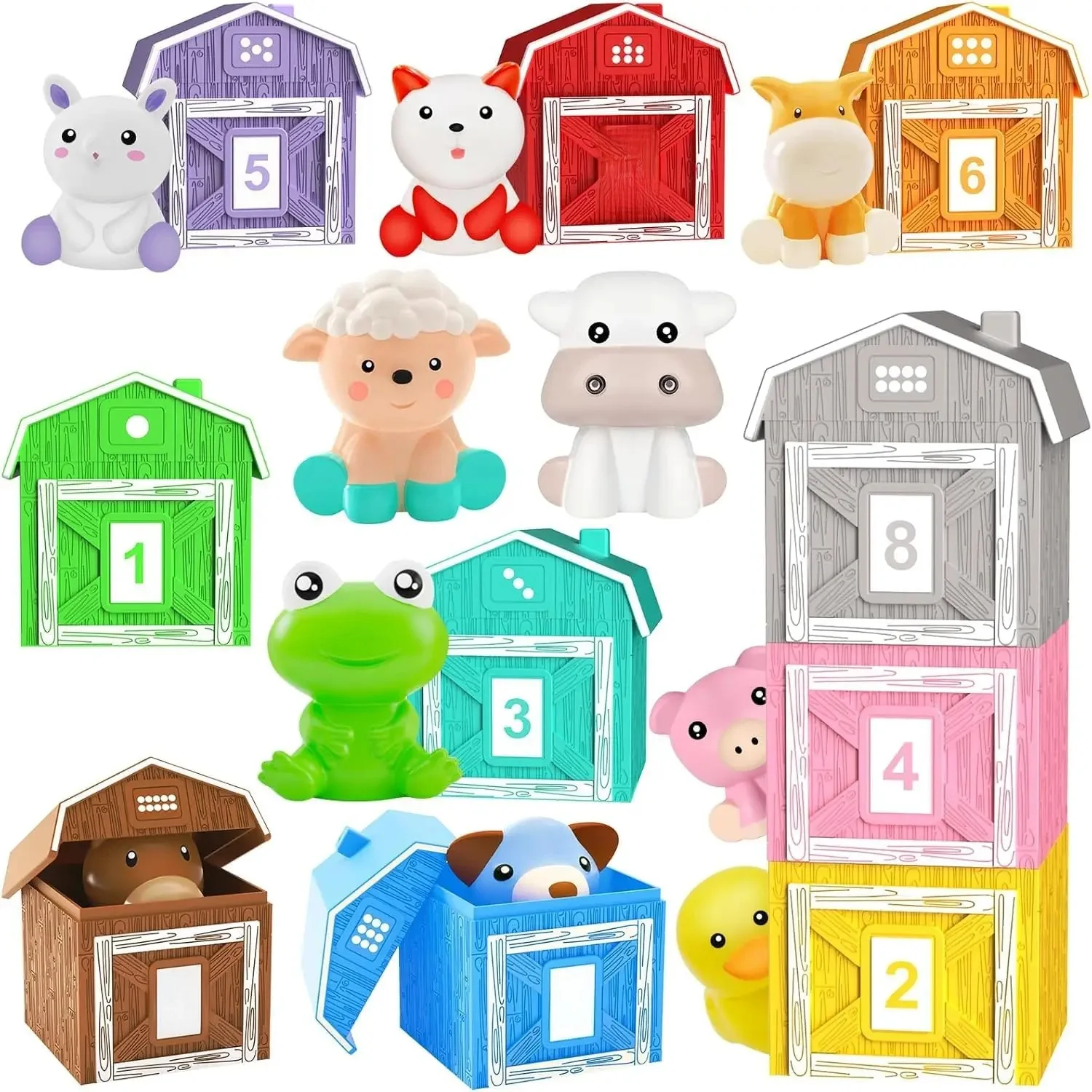 Maison assortie d'animaux de ferme, jouets Montessori pour tout-petits, marionnette à doigt arc-en-ciel, Cognition des nombres, tri des couleurs, jeux d'appariement