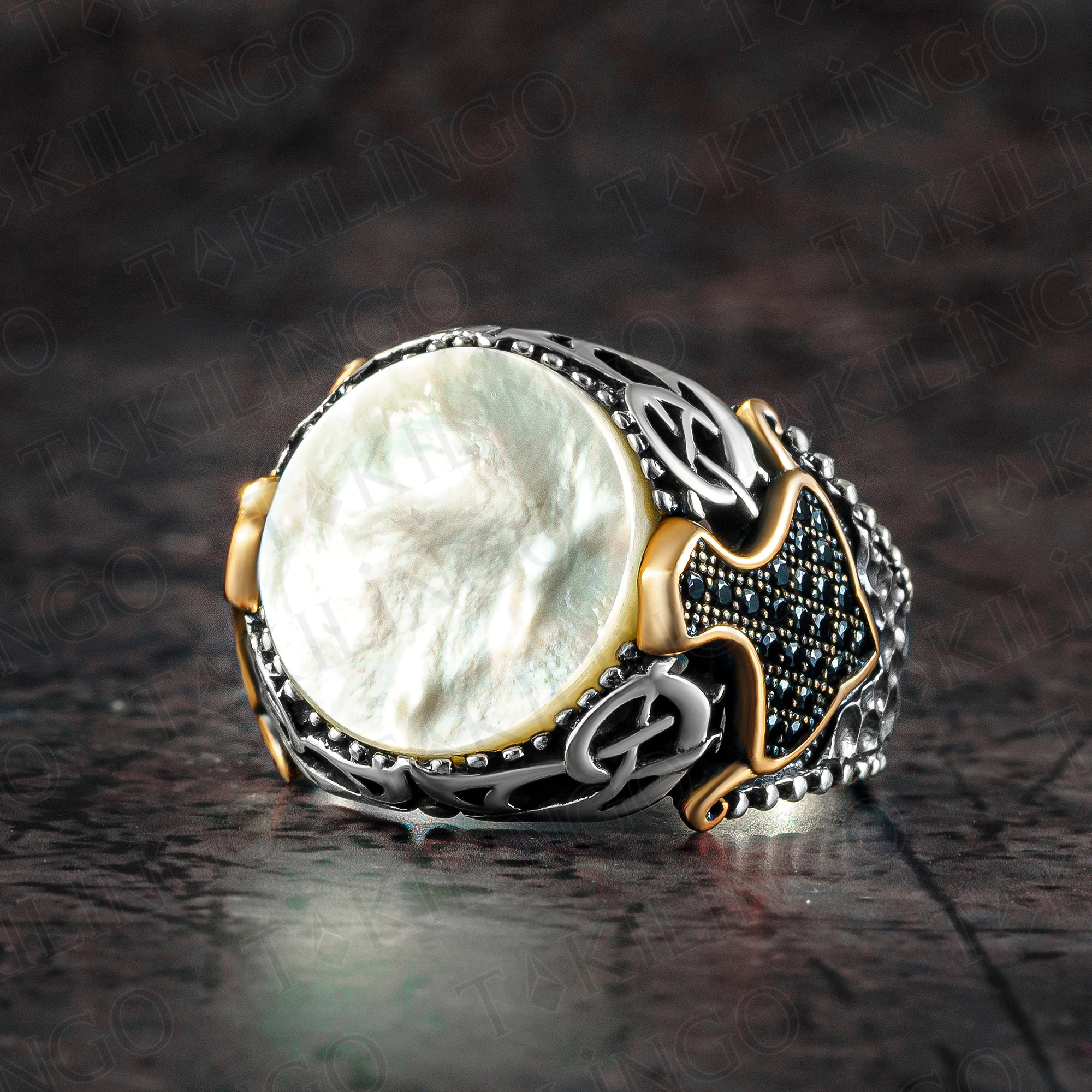 

Stamped Solid 925 Sterling Silver Round Mother Of Pearl Stone Men's Ring With Zirconia Handmade Jewelry Turkish Gift For Husband