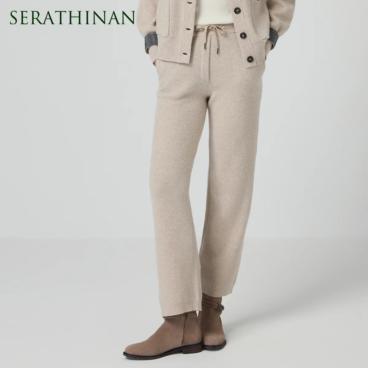 BD4521321 Gebreide damesbroek van 100% wol, 12 gauge fijne, zachte, ontspannen broek voor moeiteloze herfst-winter elegantie