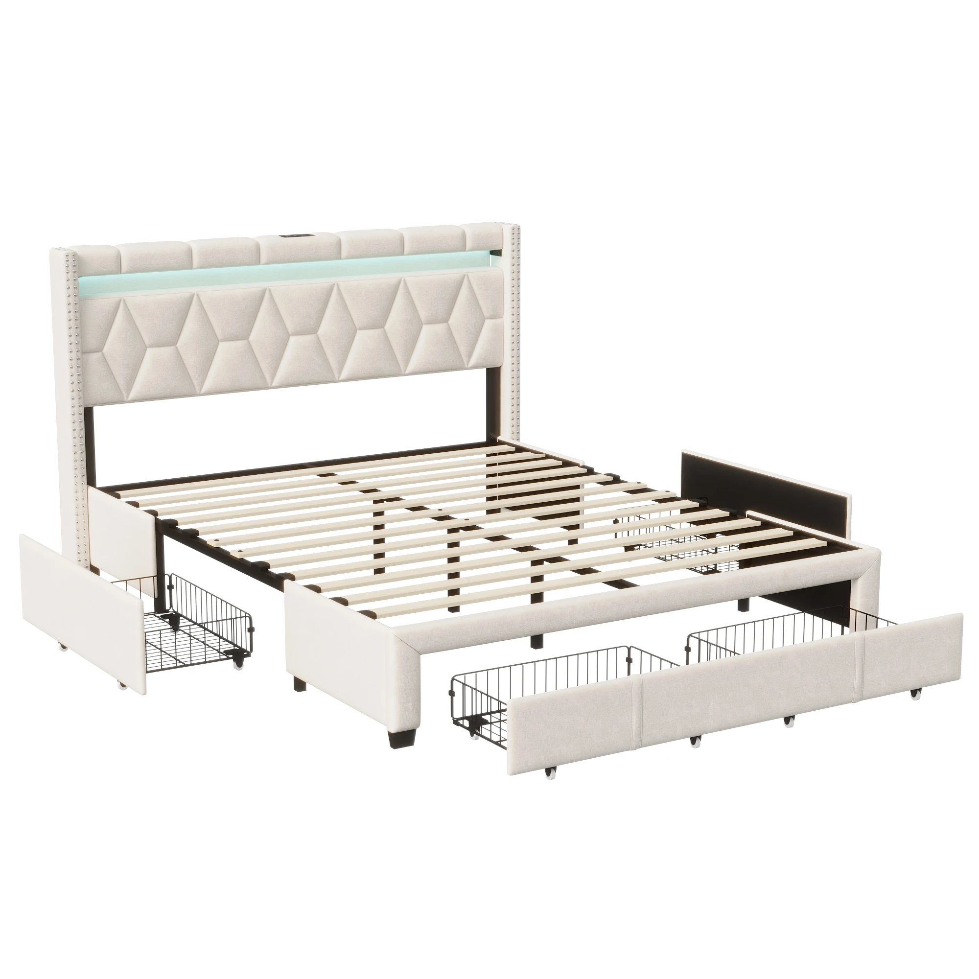 Polsterbett 160x200 cm, Doppelbett Beige Leinen mit 4 Schubladen, Stauraumbett Bettgestell mit Kopfteil und Lattenrost, modernes Funktionsbett Jugendbett Gästebett, Schlafzimmer, platzsparend, für