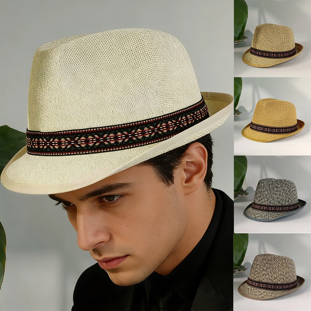 

Men's Summer Jazz Fedora Hat Lightweight Breathable Vintage Gentleman Cap Casual Outdoor Sun Protection Western Style All Match