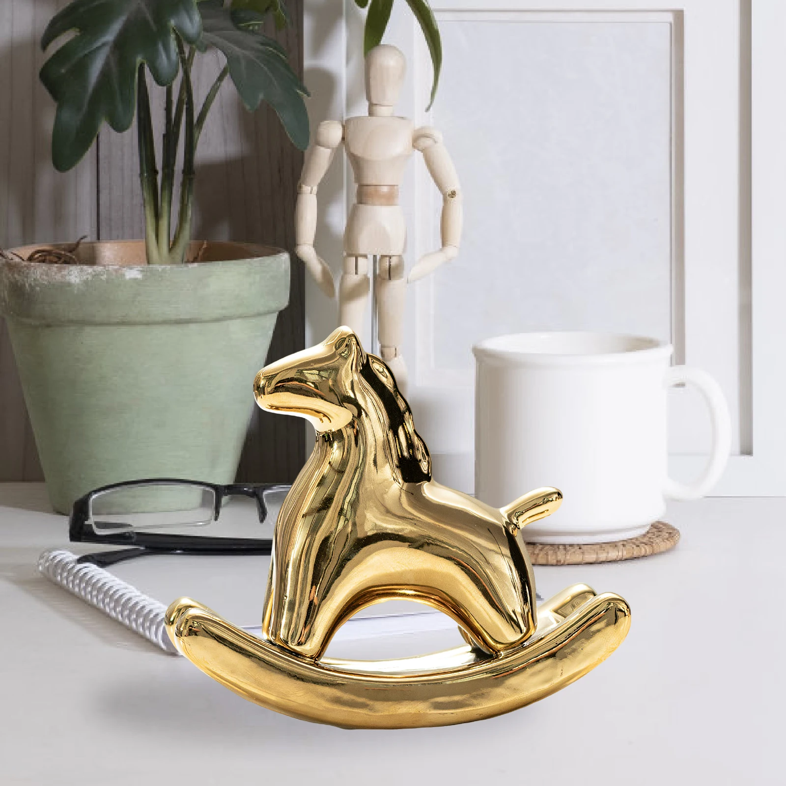 Ceramic Rocking Horse Statue Ceramic Sculpture Animal Sculpture Collection Housewarming Desktop for Bedroom Table Centerpiece