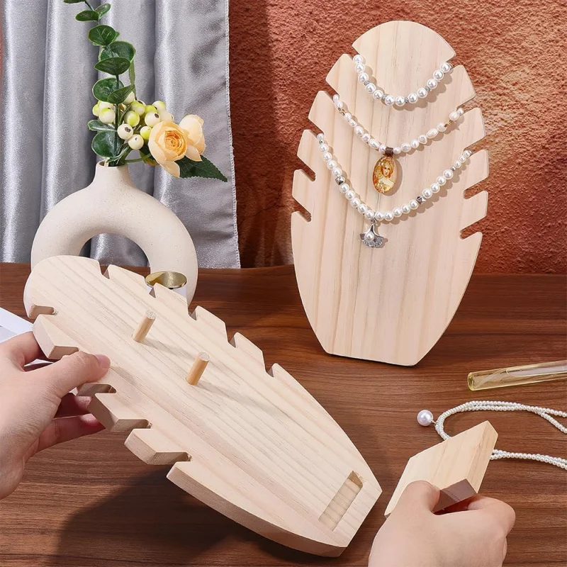 S/L Wooden Necklace Display Stand, Leaf Shape Jewelry Holder Organizer Rack Small Necklace Display Bust Easel for Home