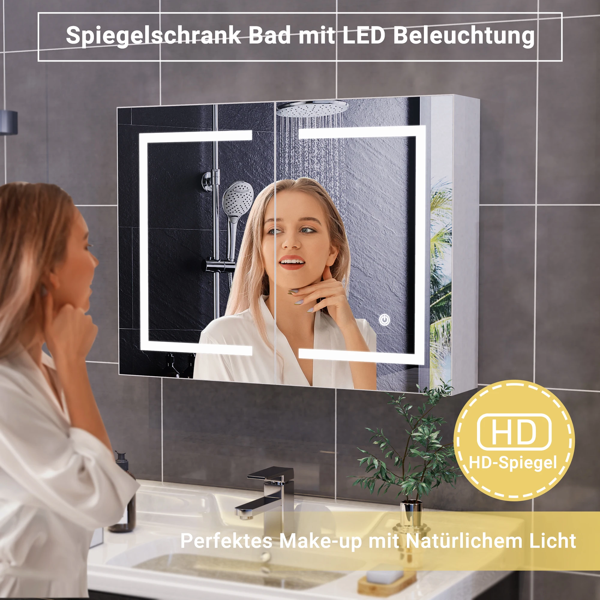 Superaly LED-Badezimmerspiegelschrank 50 x 70 cm/80 x 60 cm, Einzel-/Doppeltür mit offenem Stauraum, 3 einstellbare Lichtfarben