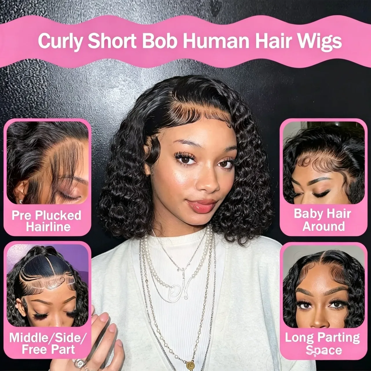 100% Human Hair Deep Curly Bob Wigs Virgin Human Hair 13x4 Lace Frontal Wigs Deep Wave Human Hair 4x4 Lace Wigs Natural Black Color Curly Short Hair Wigs For Women view 3