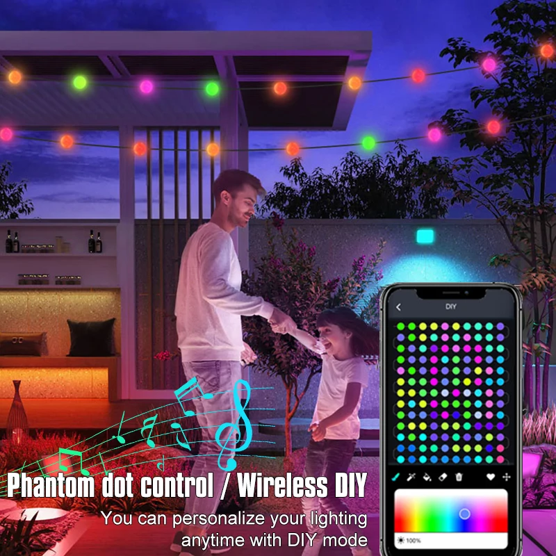 RGB IC Árvore de Natal Fada String Luz, Guirlanda de bola LED, Bluetooth, Multi-Color, impermeável, Lâmpada ao ar livre, Natal, Decoração de festa de casamento