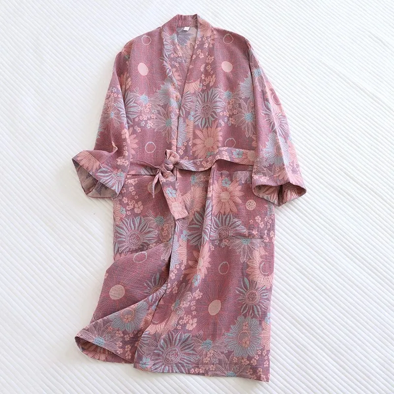 Albornoz holgado con estampado para mujer, Kimono de estilo japonés con cinturón, bata de baño, pijama humeante para el sudor, 100% algodón