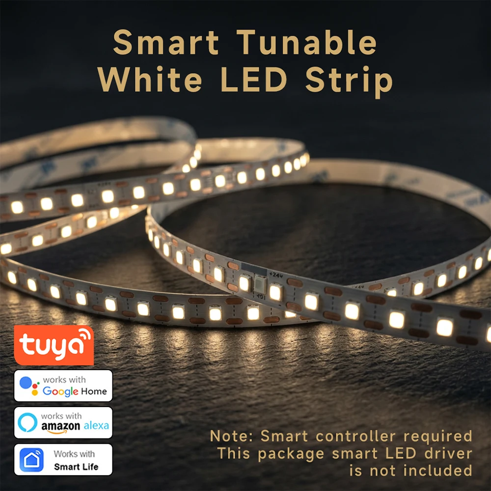 

Светодиодная лента CCT 24В Tuya WiFi, диммируемая, 2700K-6500K, двухцветная, 192/360 светодиодов, высокая плотность, гибкая, для шкафов и спален