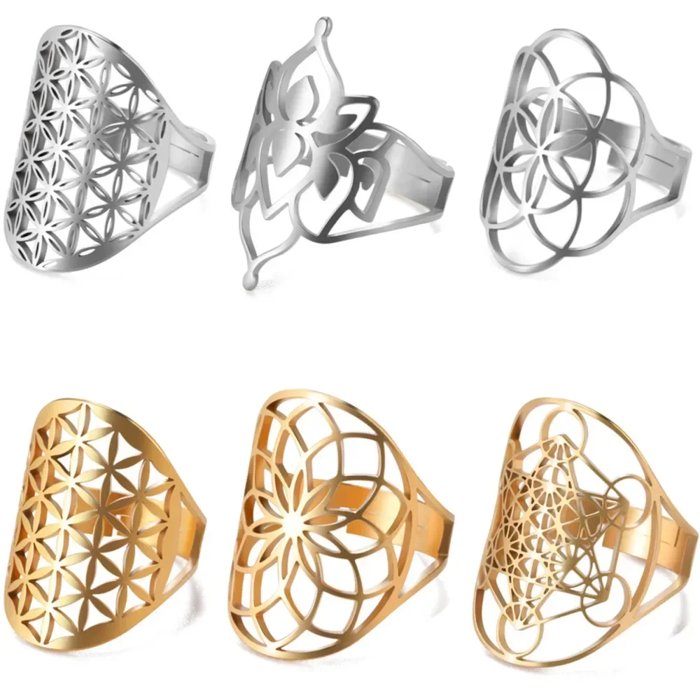 skyrim Bague fleur de vie en acier inoxydable, amulette d'archange creuse, bague réglable, géométrie sacrée, bijoux Wicca pour femmes et hommes 3