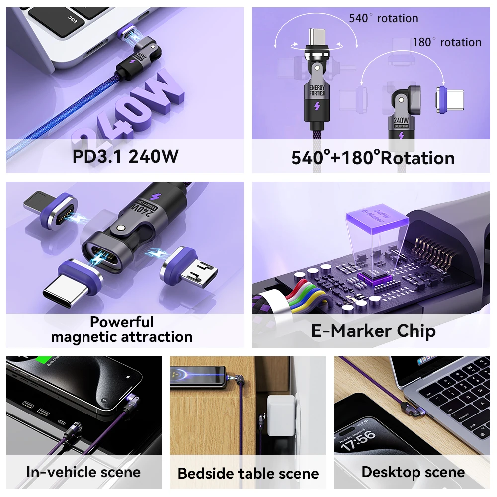 Kabel do szybkiego ładowania PD3.1 o mocy 240 W 540 °   Kabel obrotowy typu C 5A z materiału nylonowego do iPhone'a MacBook Samsung UGREEN/Anker powerbank — zdjęcie produktu 2