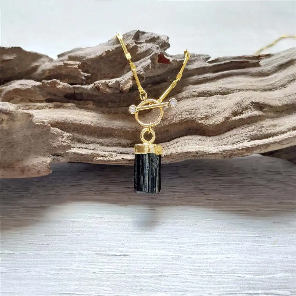 FUWO Wholesale Natural Green Black Tourmaline Necklace,Golden Plated Healing Crystal With 17/18 Inches OT Stick Chain 5Pcs NC410