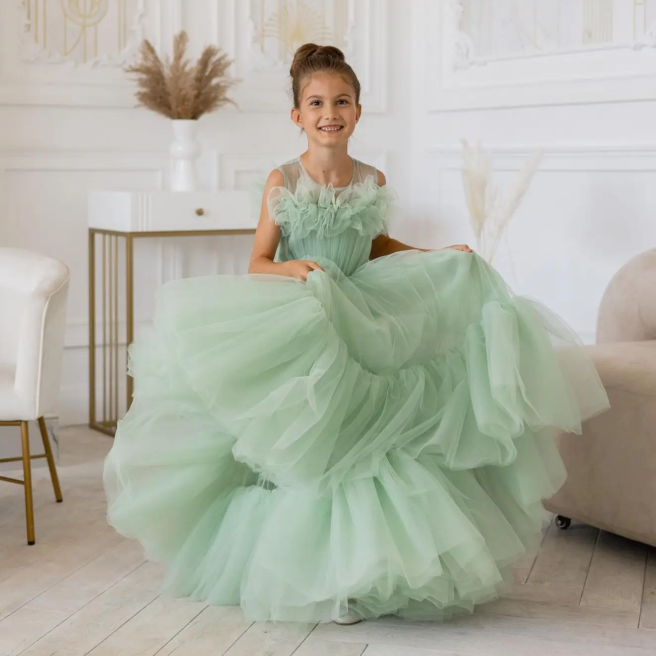 

Tulle Boho Flower Girl Dresses For Wedding Mint Green Litter Kids Toddler Pageant Dress for photoshoot First Communion Dress