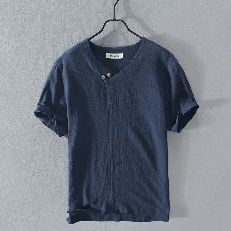 2022 Summer New 100% Cotton and linen Fabric T-shirt Men High Quality Solid Color Drop Sleeve Loose Tshirts Oversize Tops V-neck