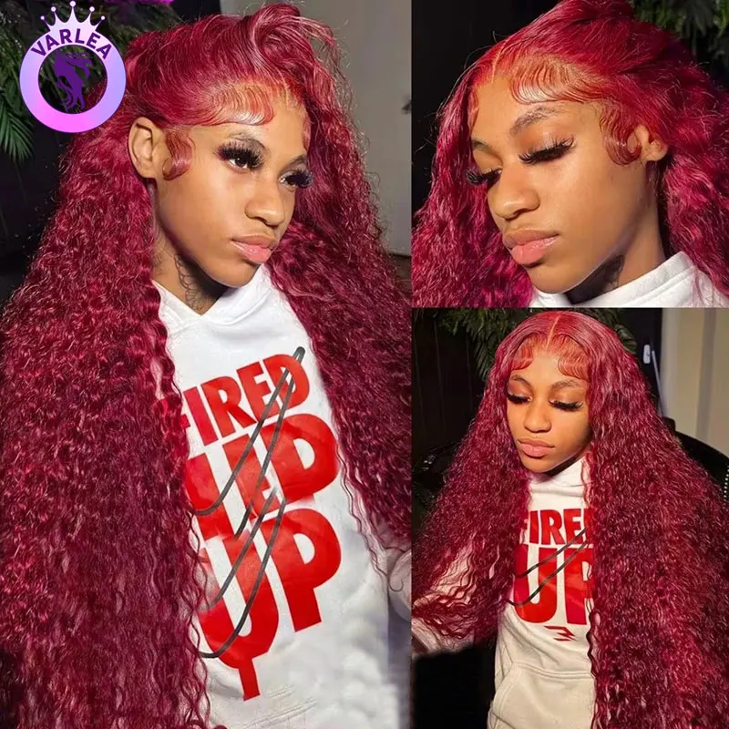 30 inch 99J Burgundy Deep Wave Lace Front Wig Human Hair 13x4 13x6 HD Lace Frontal Wig Wine Red Colored Wig Water Wave Curly Wig