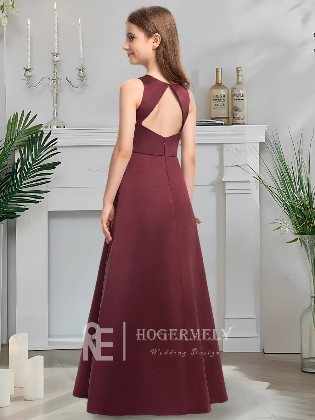 

A Scoop Neck Junior Bridesmaid Dress Wedding Party Flower Girl Dress Floor-Length Satin With Cascading Ruffles Sacred Communion