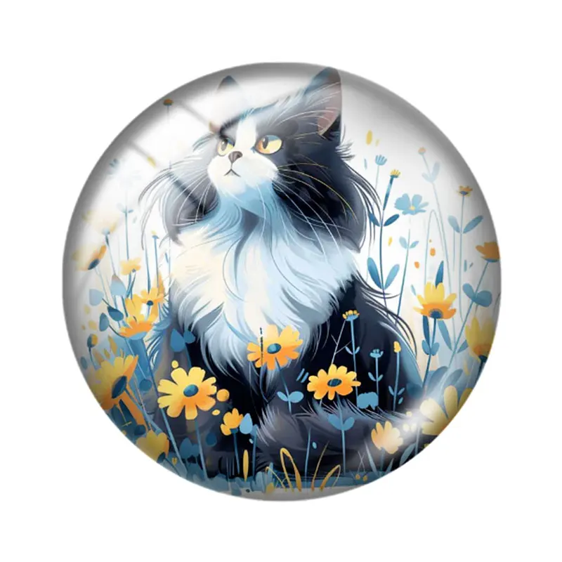 Simpatico gatto soffice in fiore Patch 12mm/14mm/16mm/18mm/20mm/25mm Foto rotonda cabochon in vetro con retro piatto Creazione di risultati per Pin Neckl