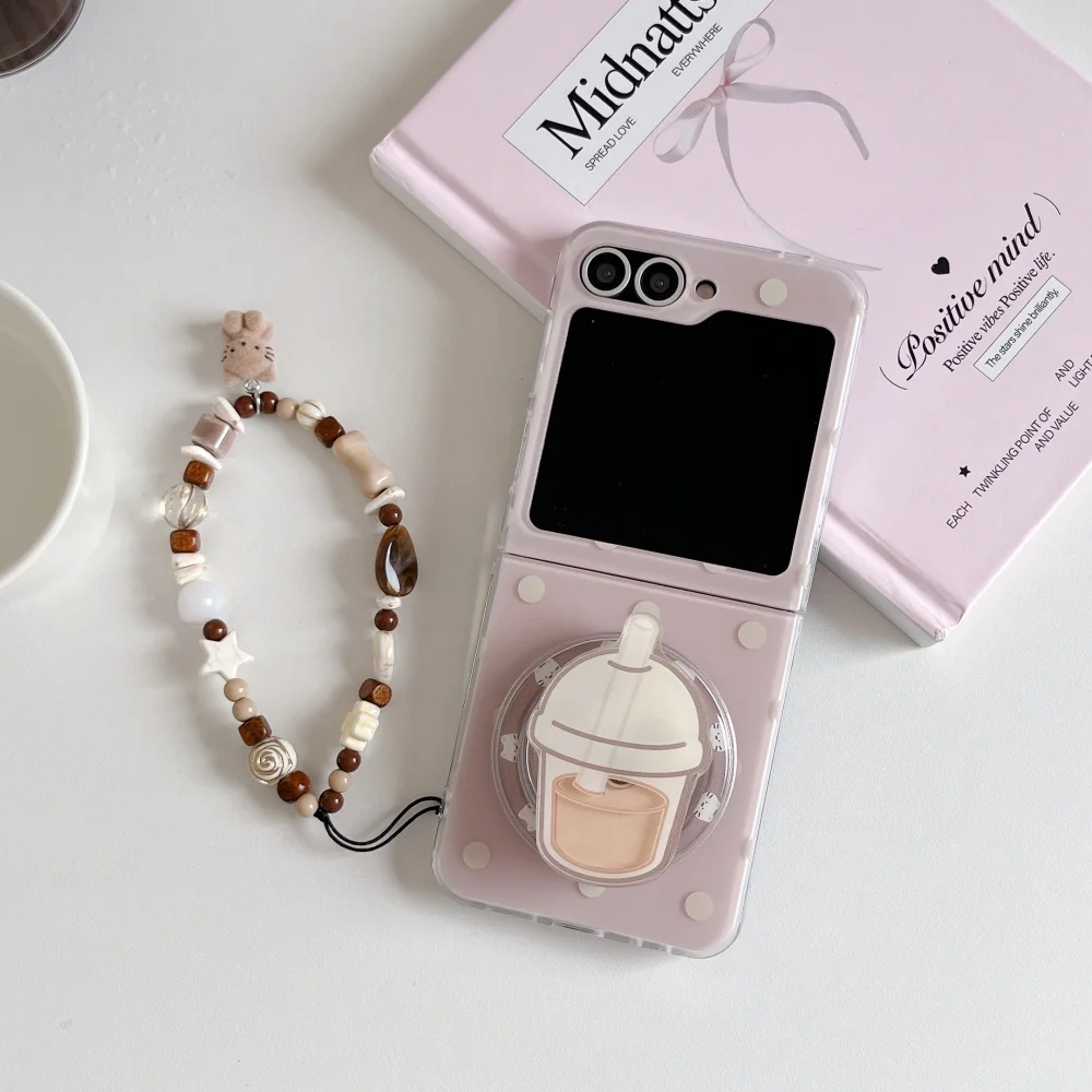 

Cute bubble milk tea for magnetic holder mobile case, suitable for Samsung Z Flip 6/5/4/3/7, Korean version new protective case