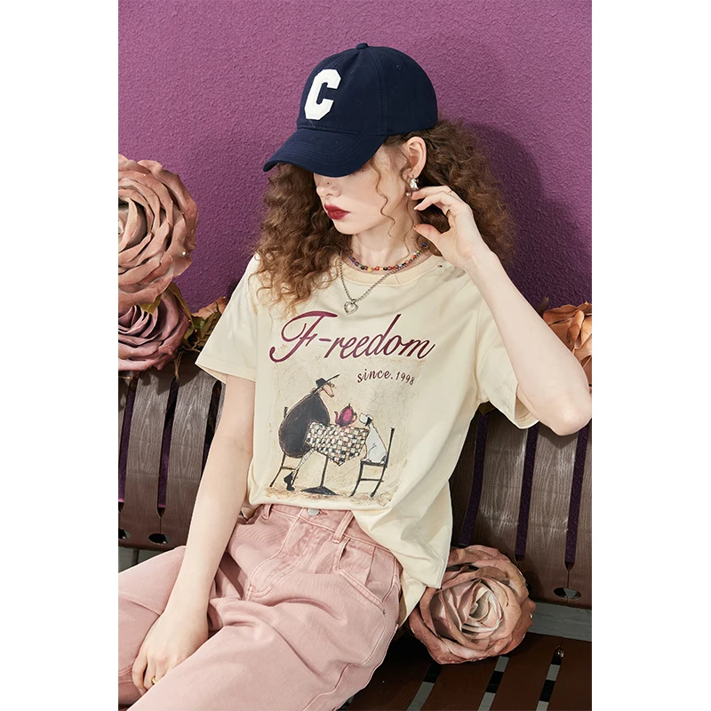 ELFSACK Vintage Cartoon Print Short Sleeve T-Shirt, Preppy Style Graphic White Tee,  Loose Crewneck Top for Women's Daily Outfit