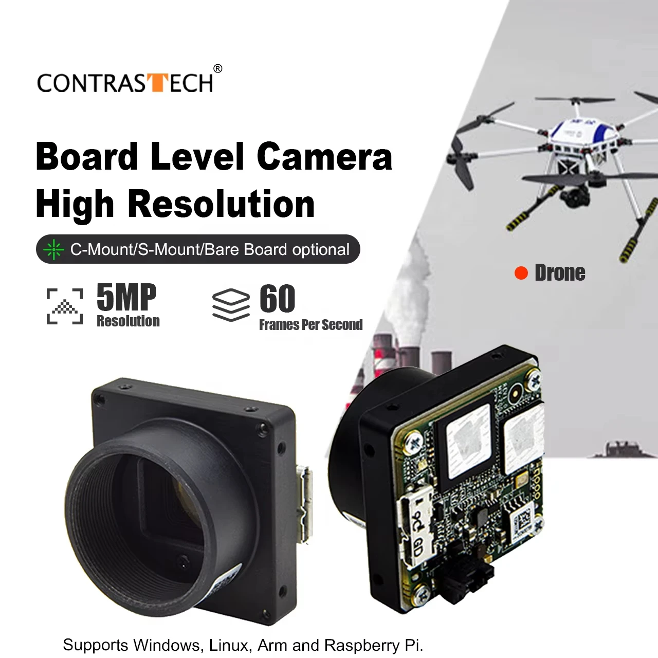 5MP IMX264 Global Shutter Board Level Camera 60fps GigE USB3.0 Compact Industrial Camera C Mount for Machine Vision & Drone Insp