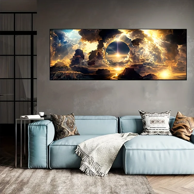 Moderne kunst hemel witte wolken bergen en rivieren groot formaat muur kunst canvas schilderij voor woonkamer huisdecoratie