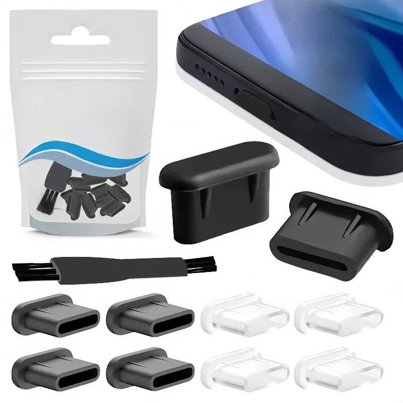 Bouchon Anti-poussière en Silicone de Type C, capuchon de protection du Port de chargement USB C avec brosse de nettoyage pour IPhone Samsung Xiaomi Huawei
