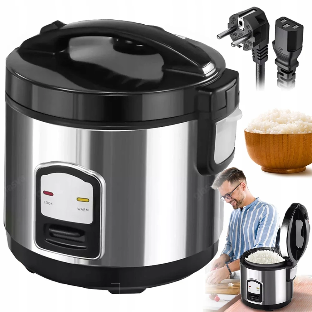 Olla arrocera de acero inoxidable de 2L con control de un botón, función de mantener caliente y accesorios completos para cocinar, para 3-10 personas