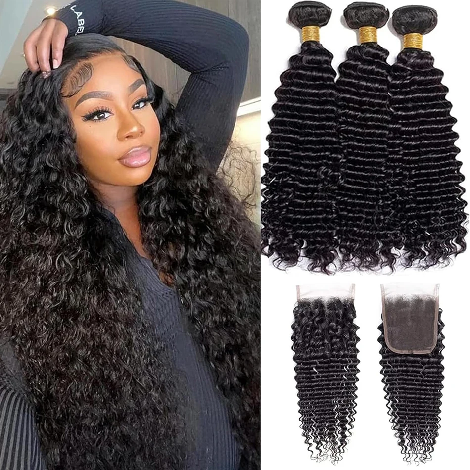 

Deep Wave Bundles with Closure Brazilian Virgin Human Hair 3/4 Bundles with 4x4 Lace Closure Deep Curly Wave Bundle with Closure