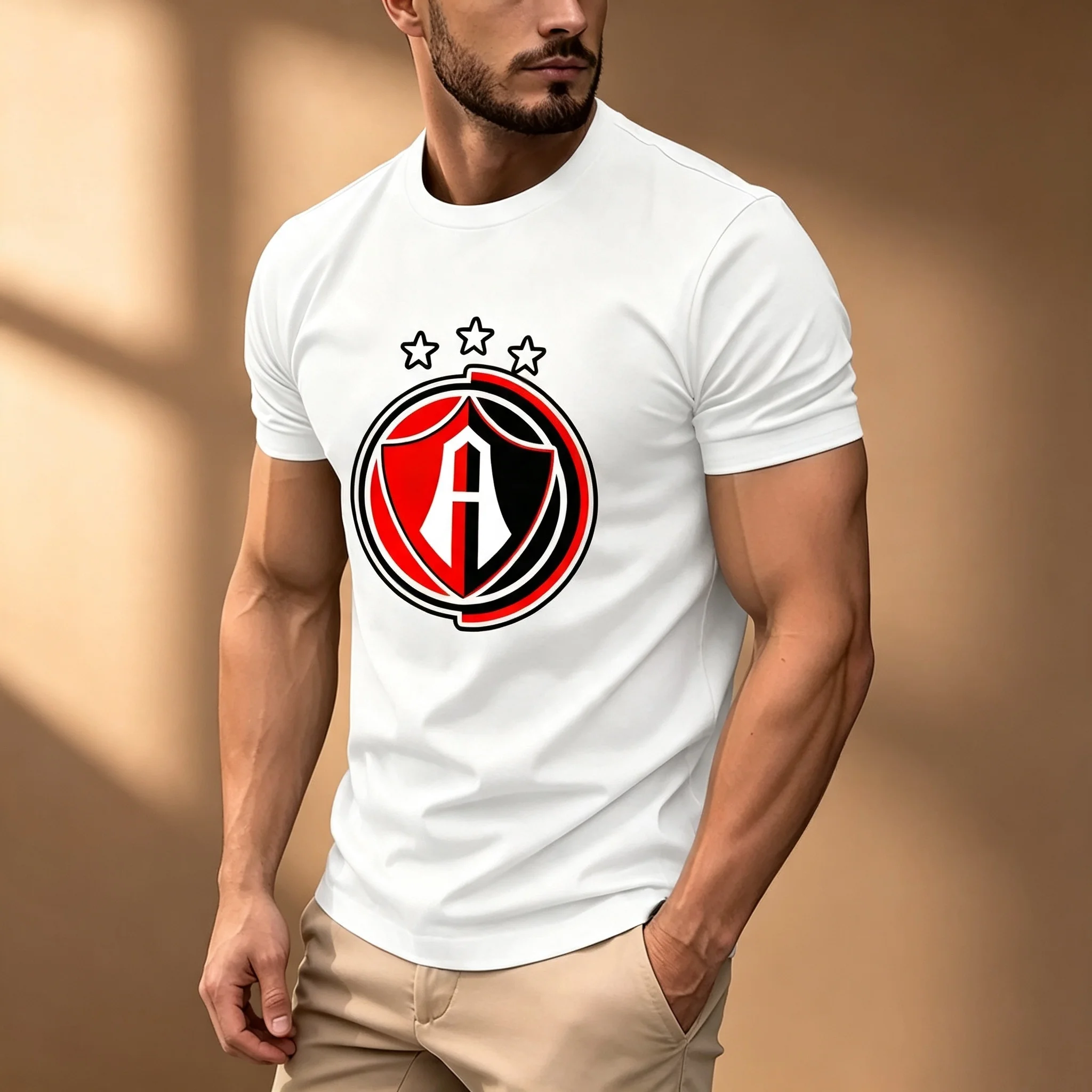 Men Red Black Shield Three Stars Logo Print T-shirt Crew Neck Slim Fit Casual Sports Short Sleeve White Tee