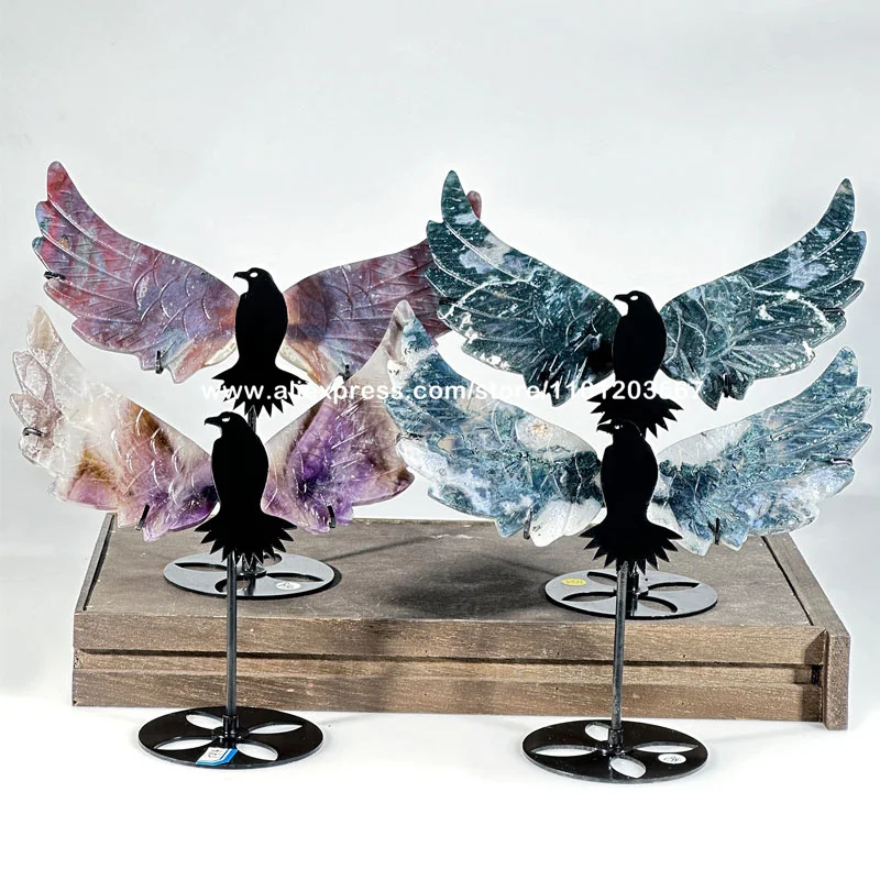 Natural Quartz Crystal Eagle Wings Sculpture Hand Carved Amethyst Moss Agate Ocean Jasper Gemstone Bird Wings on Stand Ornament