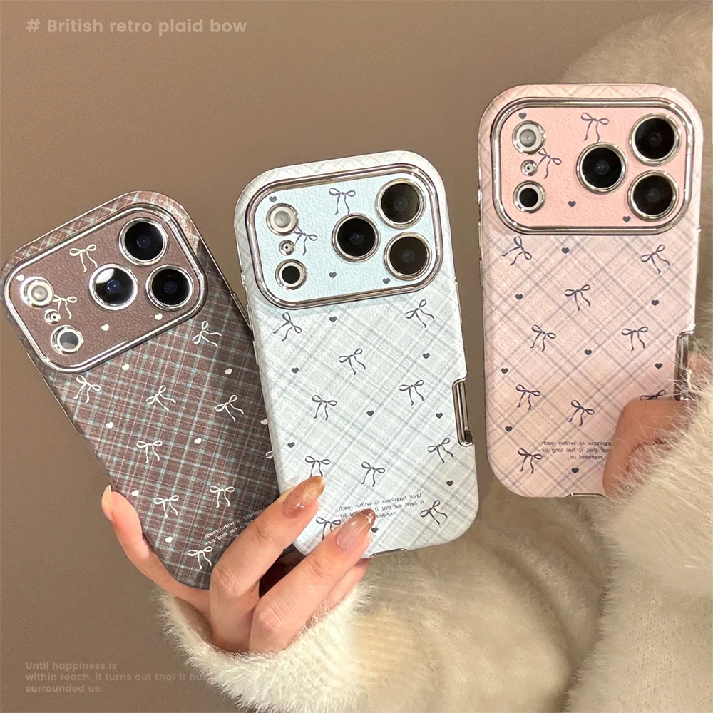

Korean INS plaid pattern cute bow phone case for iPhone 17 Pro 15 16 Pro Max 11 12 13 14 cover fashion leather protective cases