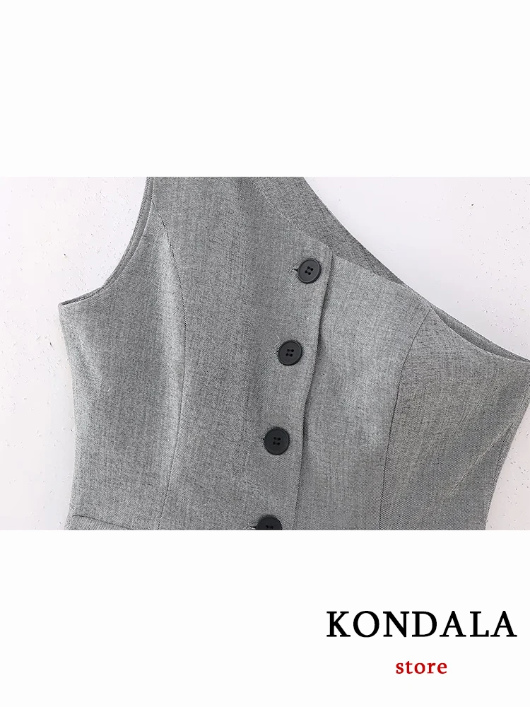 KONDALA New Chic Grey Fashion 2023 Autumn Office Lady Women Suit Sleeveless Blazer Button Waistcoat Casual Wide Leg Zipper Pants