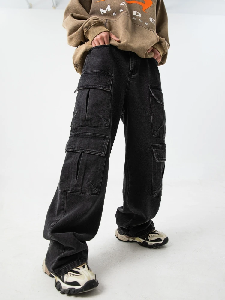 Autumn Cottom Men Cargo Jeans Baggy American High Street Multi-pocket Youth Overalls Fashion Streetwear Vintage Wide Leg Pants
