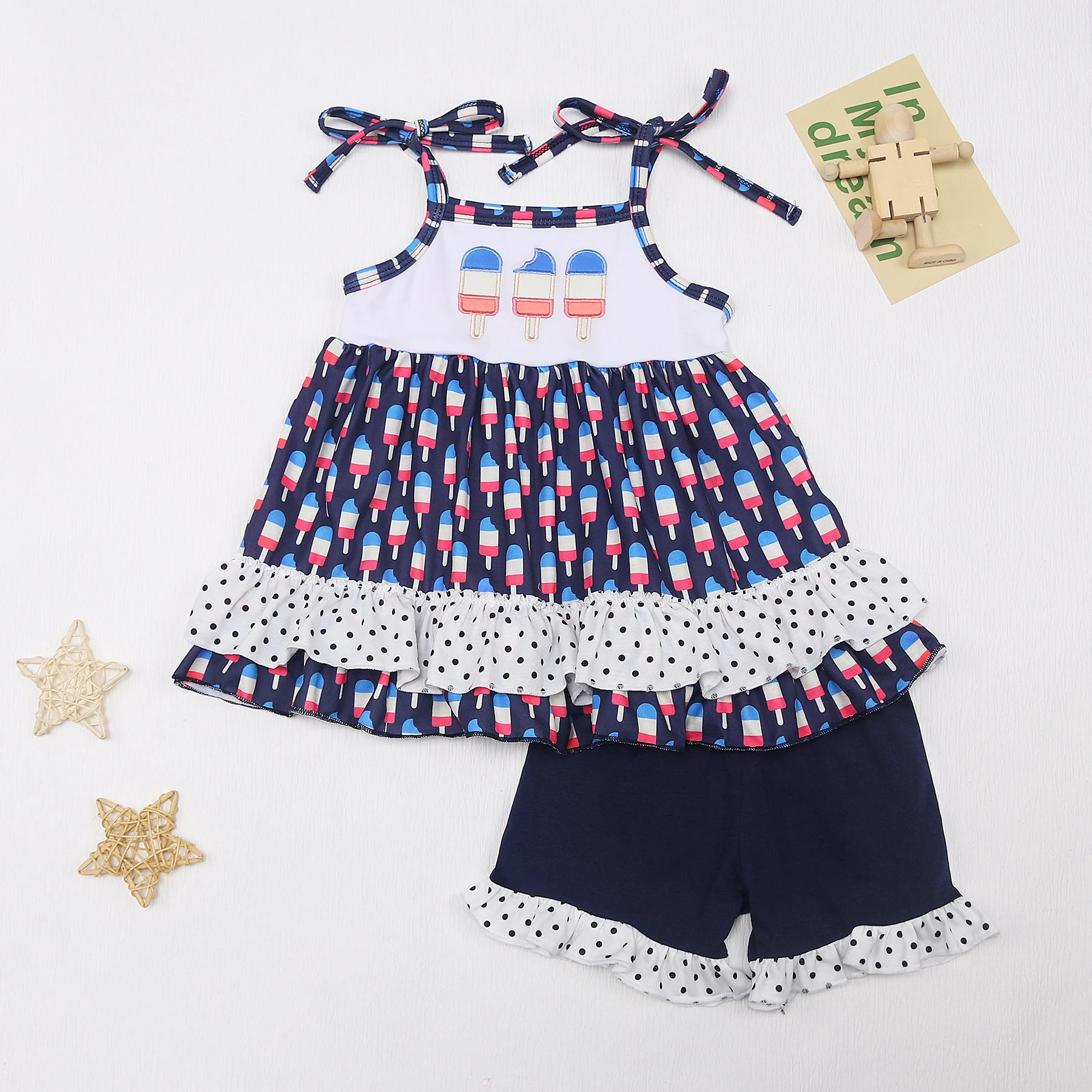 

July 4th Outfits Baby Girls Clothes Set 2pcs Bebes Suit Popsicle Embroidered Bodysuit Independence Day Children's T-shirt Shorts