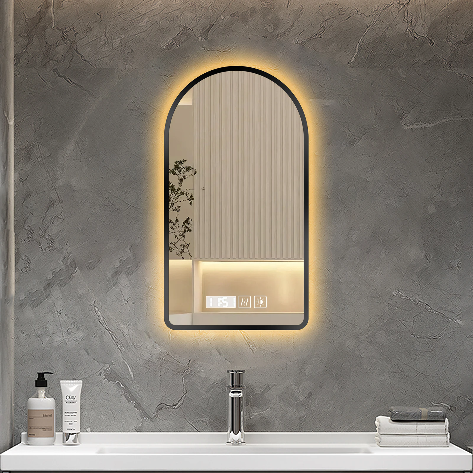 Miroir de salle de bain 40x60 cm avec éclairage d'ambiance, design arqué, lumière LED tricolore