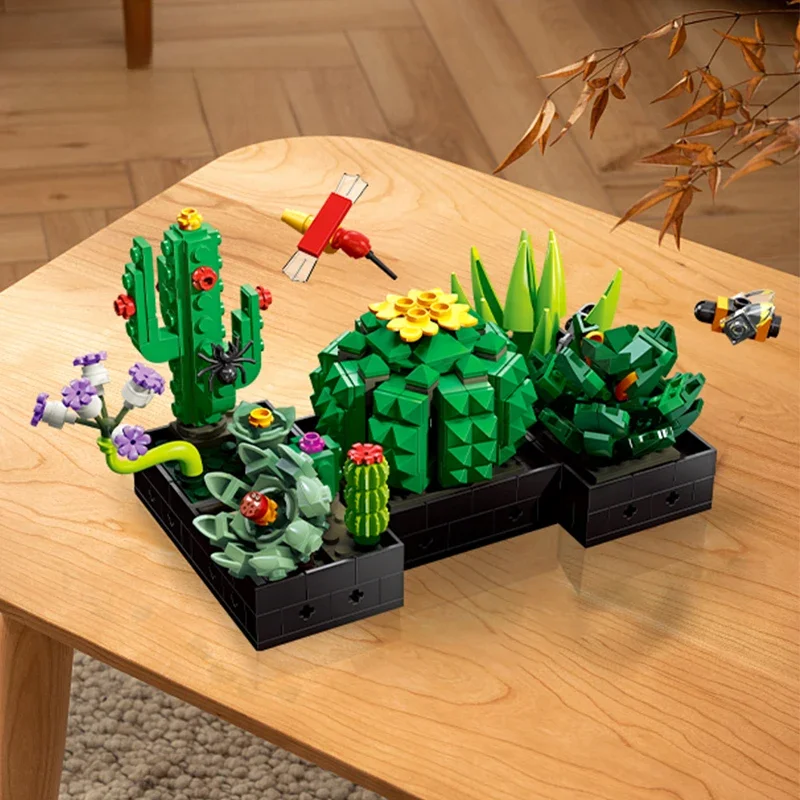Ensemble de blocs de construction de plantes succulentes en pot, 590 pièces, modèle de cactus à assembler, briques, ornement de bureau, jouet pour adulte, cadeaux d'anniversaire