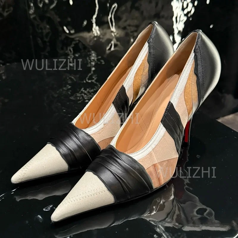 

Black White Leather Cloth Stitching Color Block Pump Women Red High Heels Nude Shallow Mouth Heels Girl Party Mixed Colors Shoes