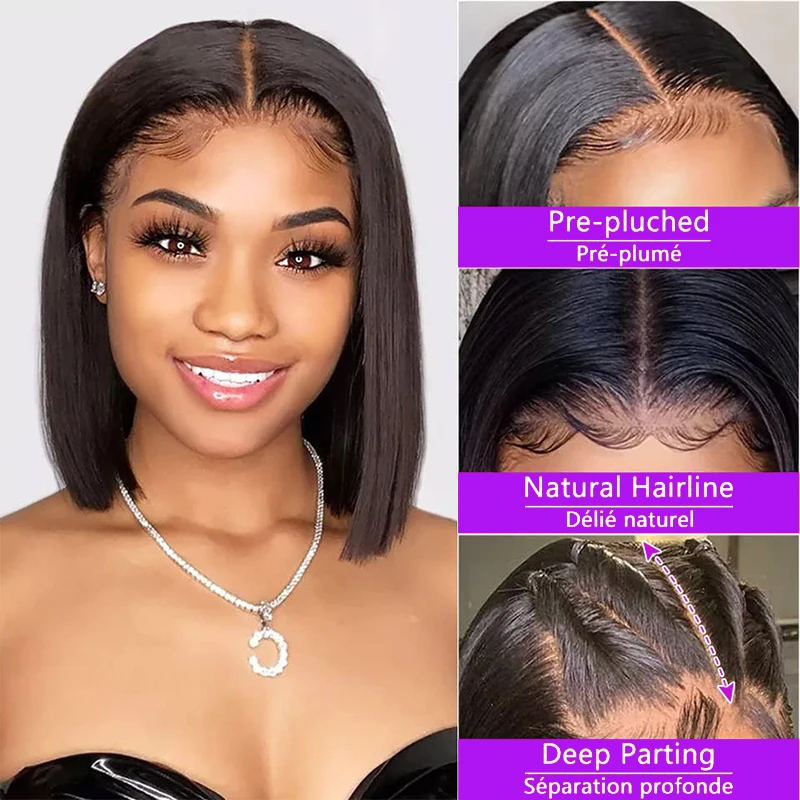 Perucas Lace Front Bob para mulheres negras, cabelo humano, perucas curtas e retas, pré arrancadas com cabelo de bebê, parte lateral, densidade de 200%, 1B, 13x4